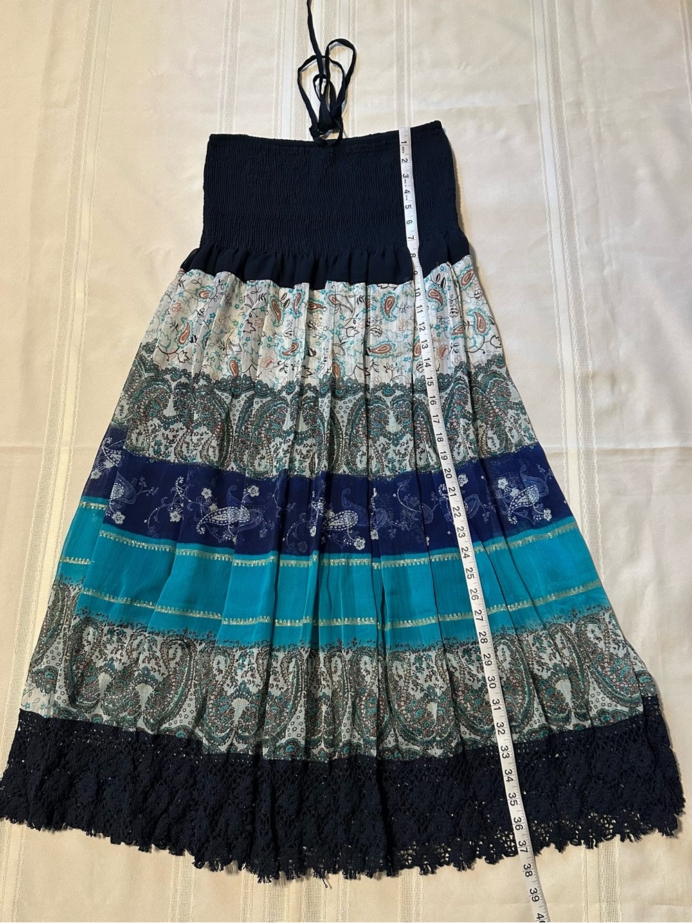 TERIA YABAR Strapless Boho Midi Dress in Navy and Teal Paisley - Picture 9 of 14